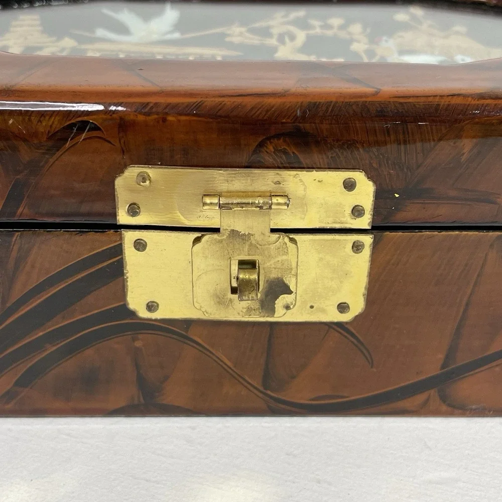 VTG Carved Crane Glazed Wooden Jewelry Trinket Box Red Lining Republic of China